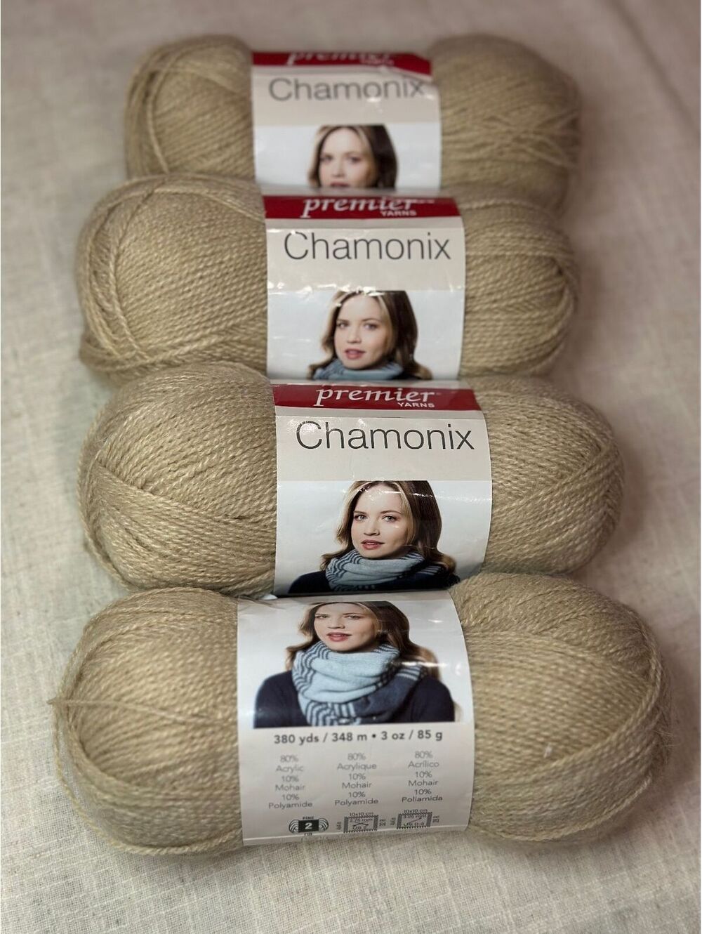 4x 3oz Premier Chamonix Yarn 2 Fine - Acrylic, Mohair, Polyamide - #1065-10 Sand